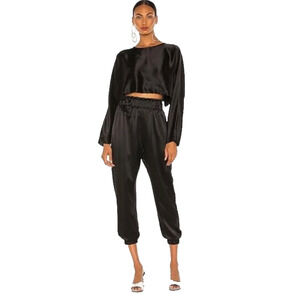 Nonchalant Label Emilia Satin Crop Top & Evory Satin Jogger Set Black Glam Small